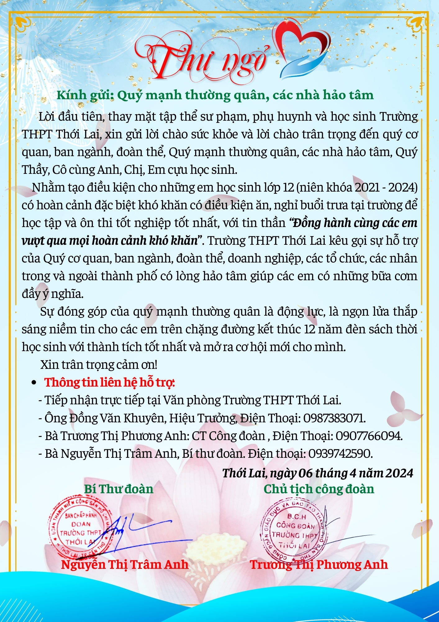 Thư Ngỏ hỗ trợ học ăn,nghỉ trưa sinh lớp 12 (niên khóa 2021 - 2024) ôn thi tốt nghiệp THPT năm 2024